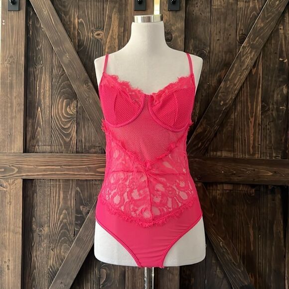Pink Floral Lace Scalloped Sheer Lingerie Teddy Bodysuit Top - Picture 1 of 10